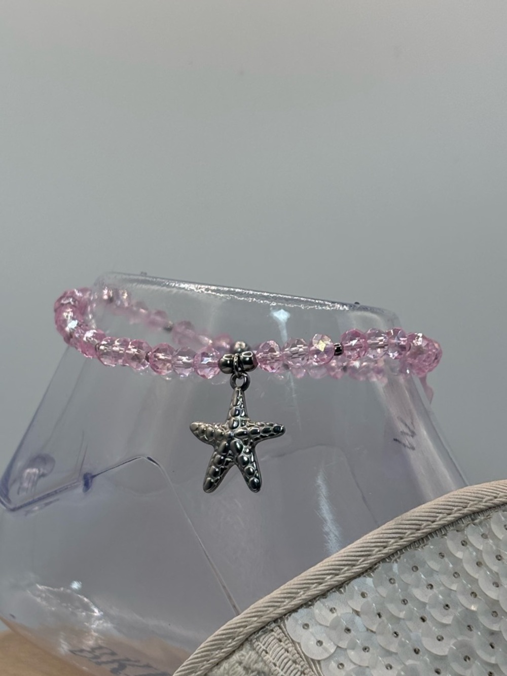 *ANKLET* S. Steel Silver Starfish with Pink AB Crystal Stretchy Anklet - Picture 5 of 7